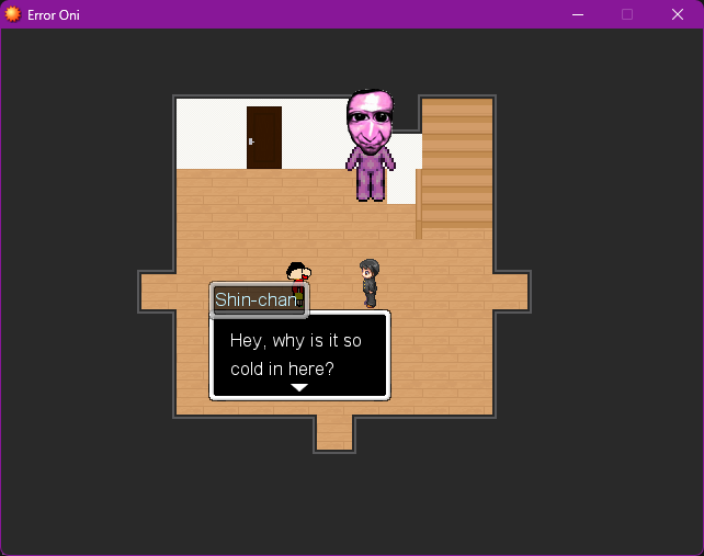 Gameplay of Error Oni showing a pink monster and two kids inside a mansion.